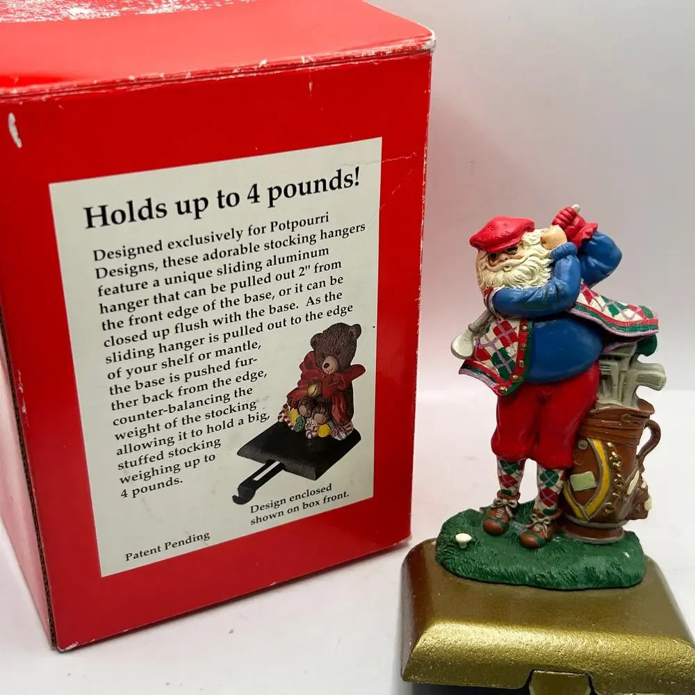 VTG HandPainted Potpourri Designs Golfing Santa Stocking Hanger w/Cast Iron Base